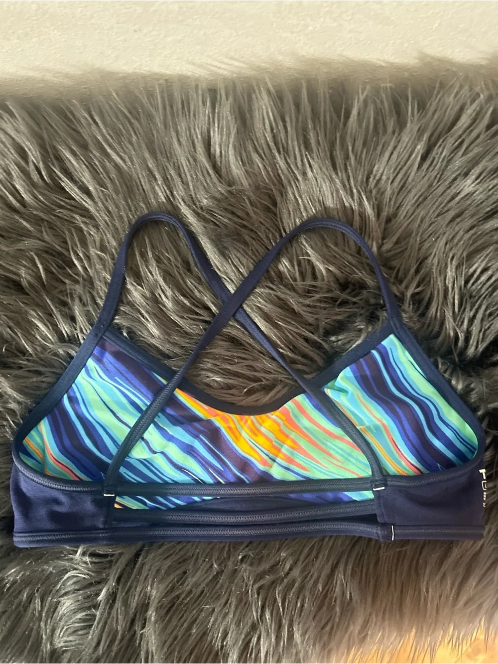 TYR Durafast Elite Trinity Riptidal Striped Blue Athletic Bikini Top Sz L10/12